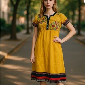 Womens Boho Mustard Yellow Embroidered Dress Women’s Size M Short Sleeve